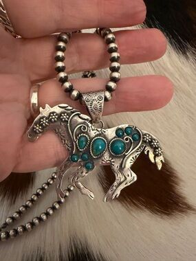 ❤️Kingman Turquoise Sterling Hand Stamped Statement Running Horse Pendant 2.41”W